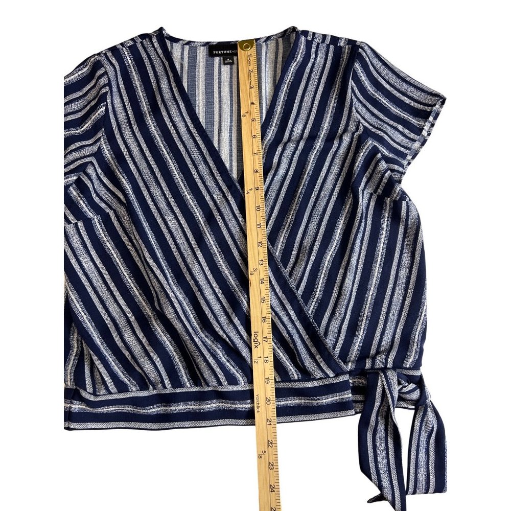 Fortune and Ivy medium wrap tie v neck blouse white blue stripe - Picture 2 of 8